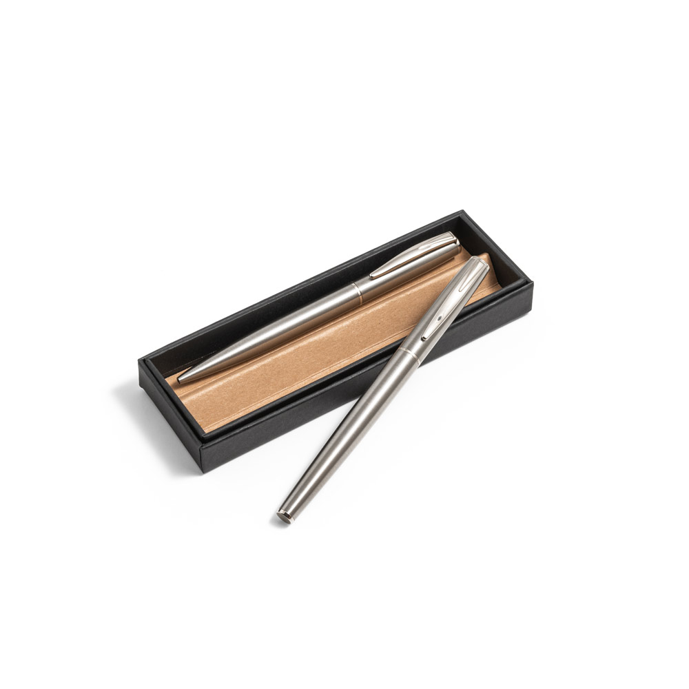 Conjunto de canetas roller e esferográfica em aço inoxidável reciclado