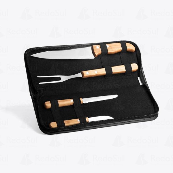 Kit Churrasco Personalizado em bambu com 5 Pecas e estojo