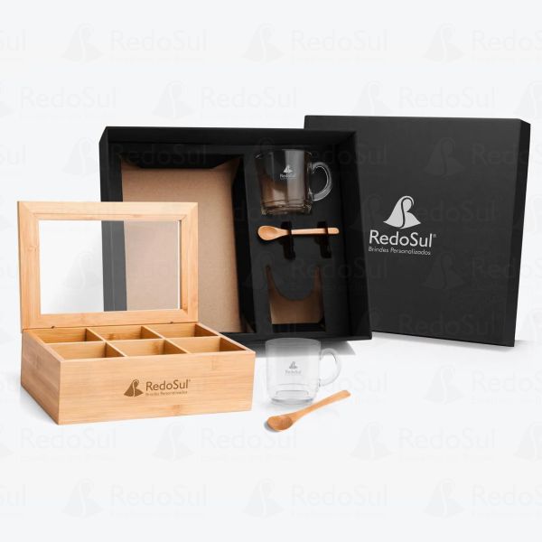 Kit personalizado para chá com caixa em bambu e colheres 5 peças